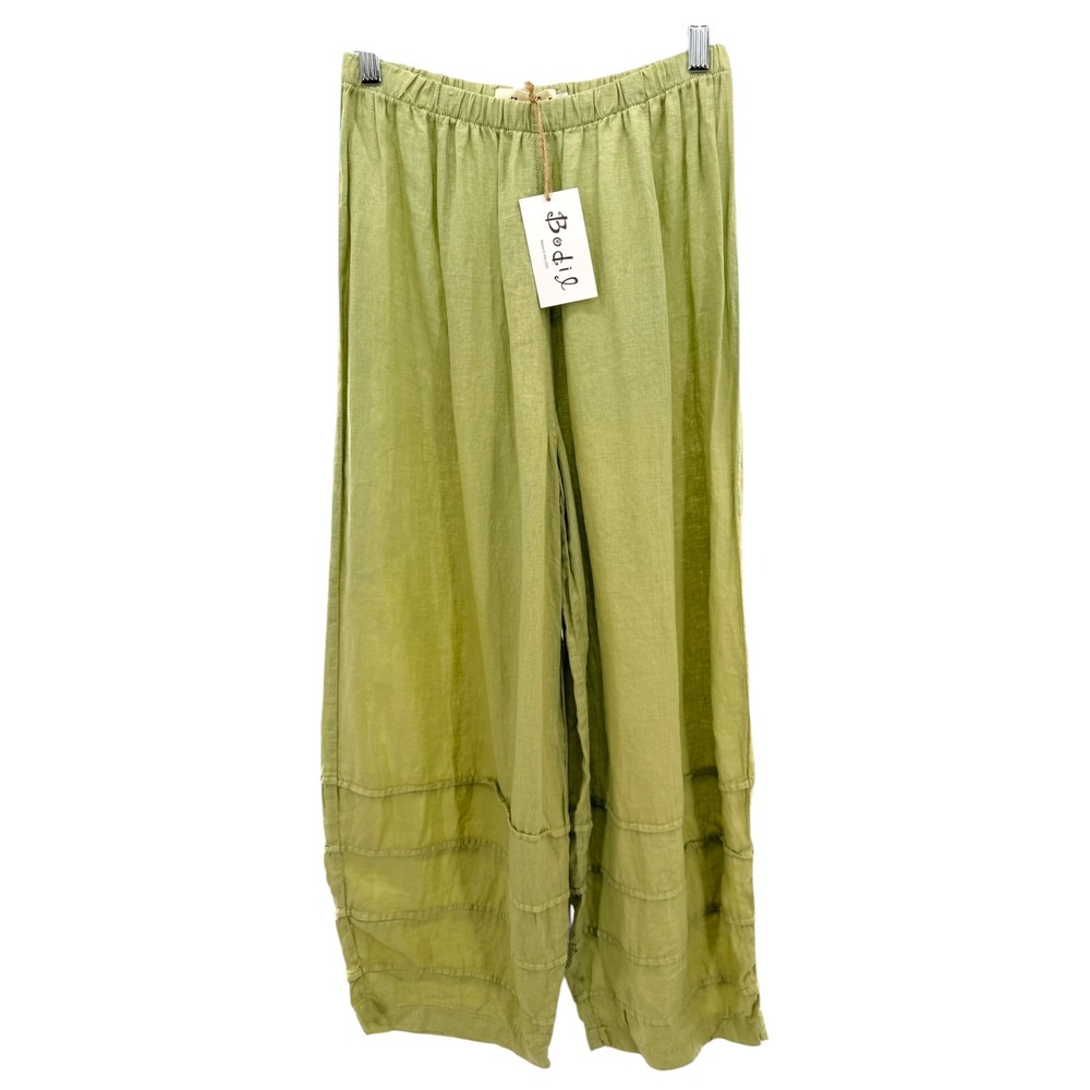 Bodil Womens Lime Green Linen Wide Leg Pintuck Tiered Lagenlook Pants Size S NWT